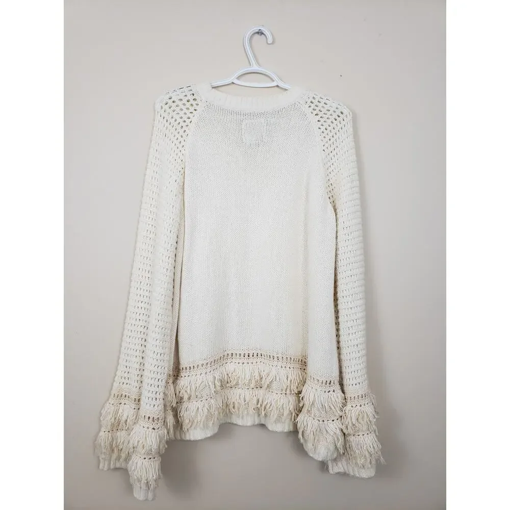 Y2K Chaser Womens Pullover Sweater Size XL Fringe Chunky Knit Ivory Boho Hippie